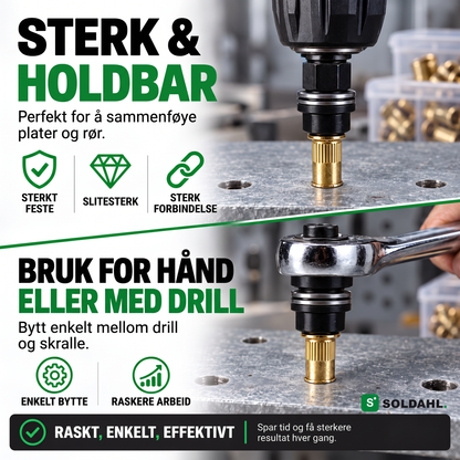 Nitfast-adapter setter en popmutter i plate, brukes for hånd med skralle eller med drill