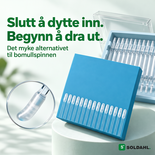 Soldahl Ørerenser, en eske med klebrige silikonpinner på et podium med teksten Slutt å dytte inn, begynn å trekke ut