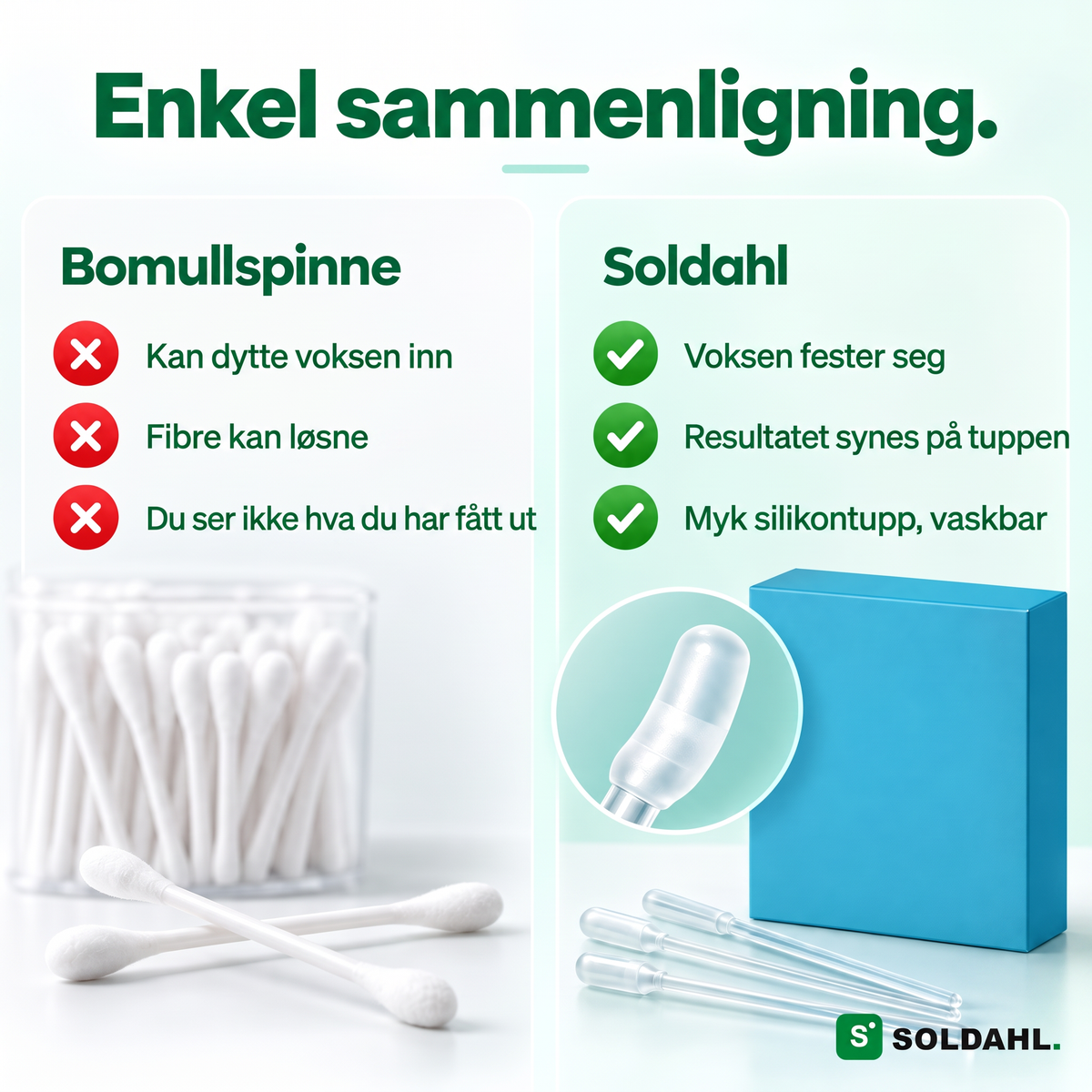 Sammenligning mellom bomullspinne og Soldahl Ørerenser i to kolonner med fordeler og ulemper