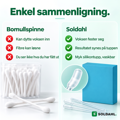 Sammenligning mellom bomullspinne og Soldahl Ørerenser i to kolonner med fordeler og ulemper