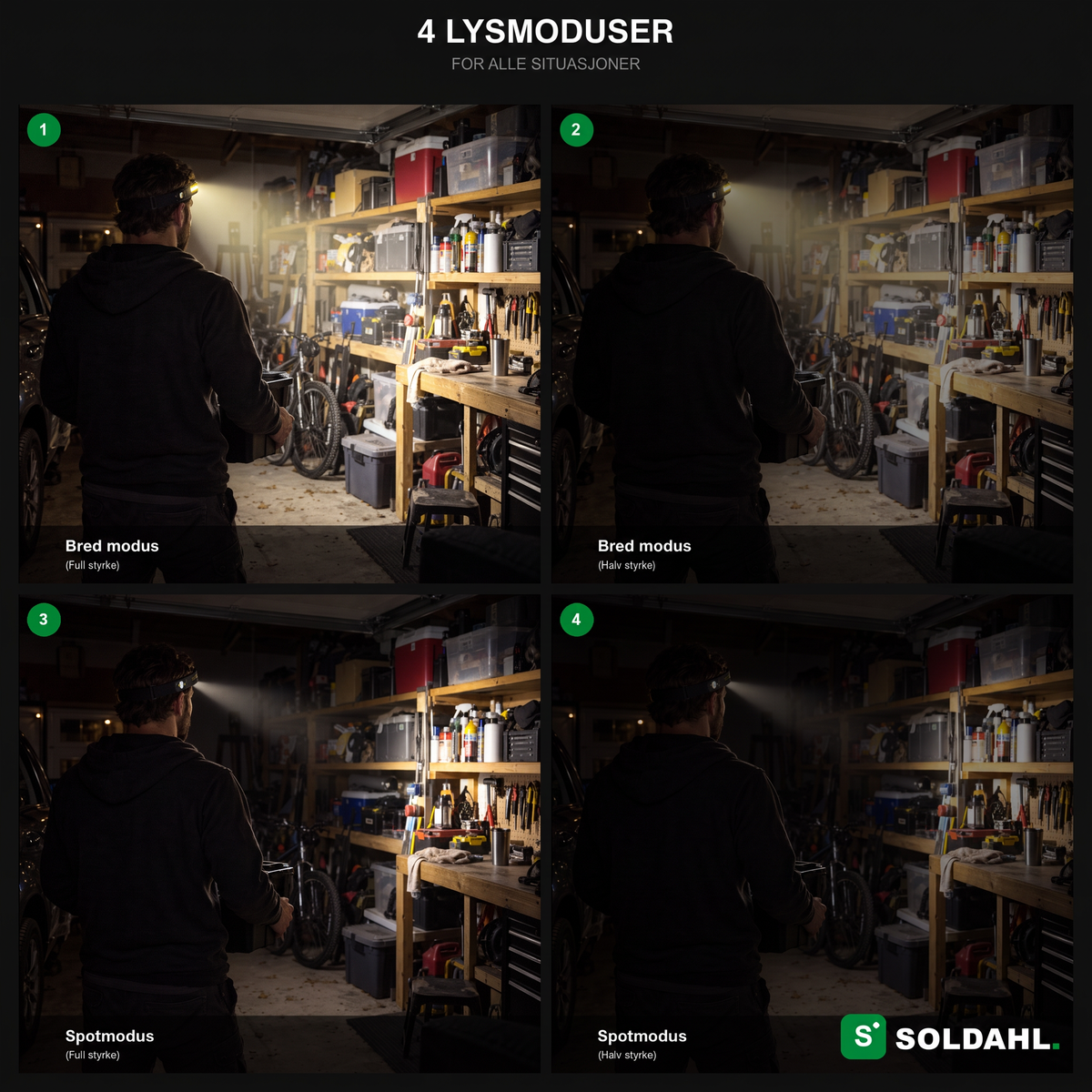 Fire lysmoduser på Vidsyn: bredt og smalt lys i full og halv styrke