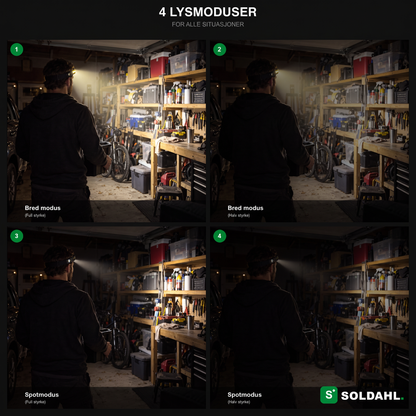 Fire lysmoduser på Vidsyn: bredt og smalt lys i full og halv styrke