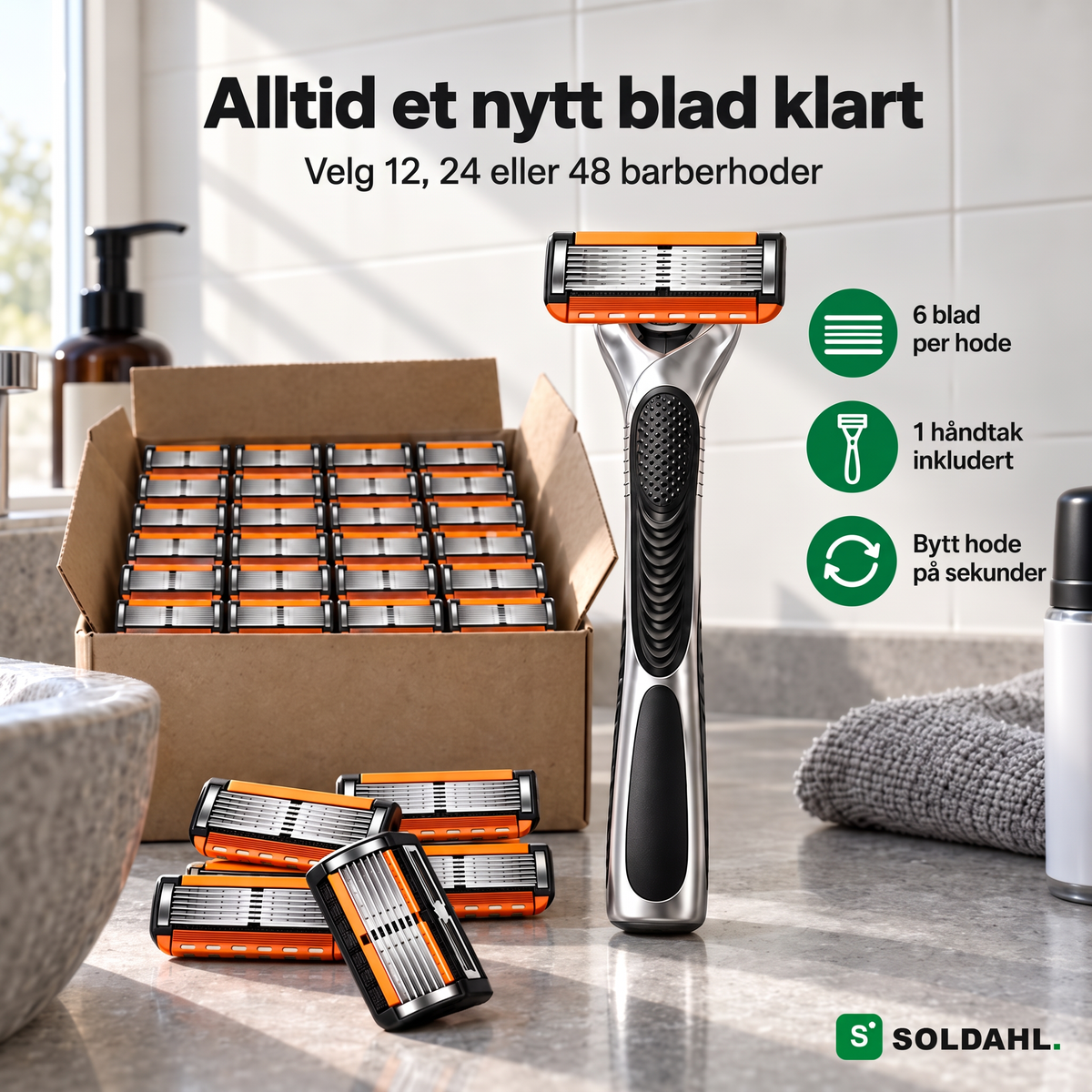 Soldahl Rakvass barberhøvel med eske full av 6-blads barberhoder, velg 12, 24 eller 48