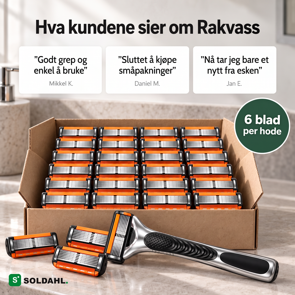 Hva kundene sier om Rakvass, eske med løse barberhoder og håndtaket