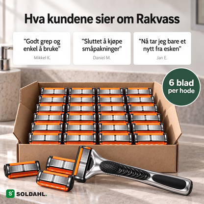 Hva kundene sier om Rakvass, eske med løse barberhoder og håndtaket