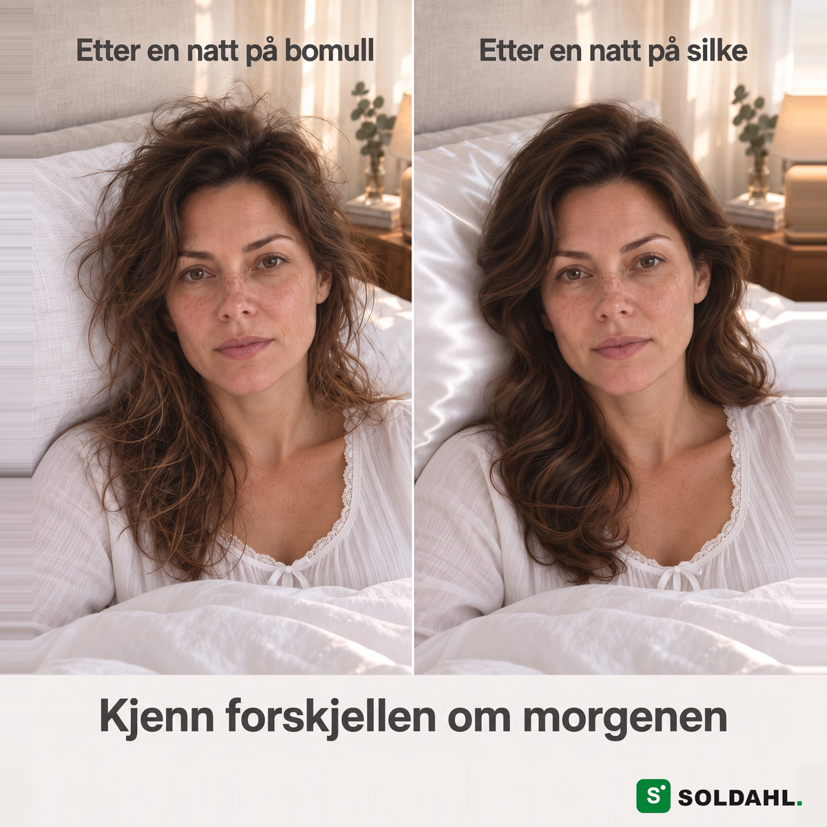 Kjenn forskjellen om morgenen: samme kvinne etter en natt på bomull og etter en natt på Soldahl Silkesro