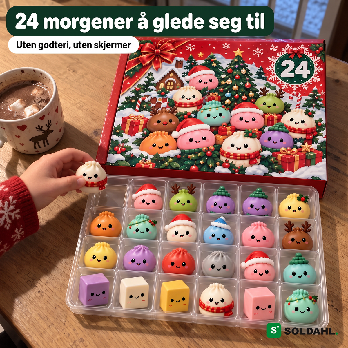 Barnehånd tar dagens figur fra brettet ved frokostbordet en desembermorgen