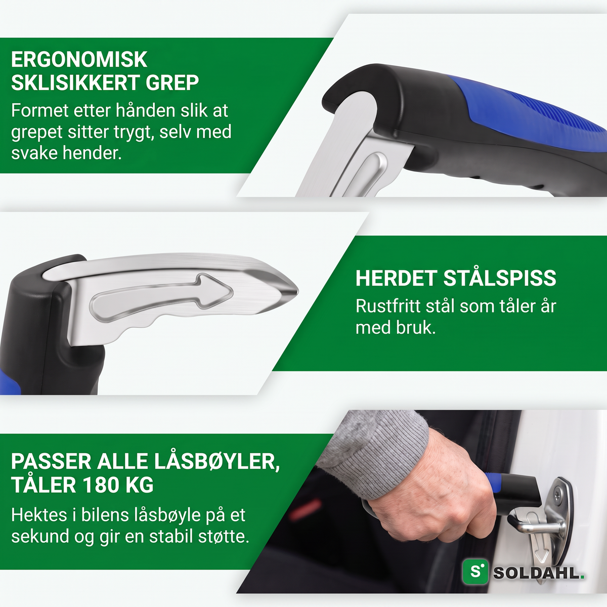 Ergonomisk sklisikkert grep, herdet stålspiss, passer alle låsebøyler