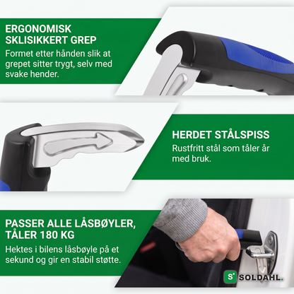 Ergonomisk sklisikkert grep, herdet stålspiss, passer alle låsebøyler