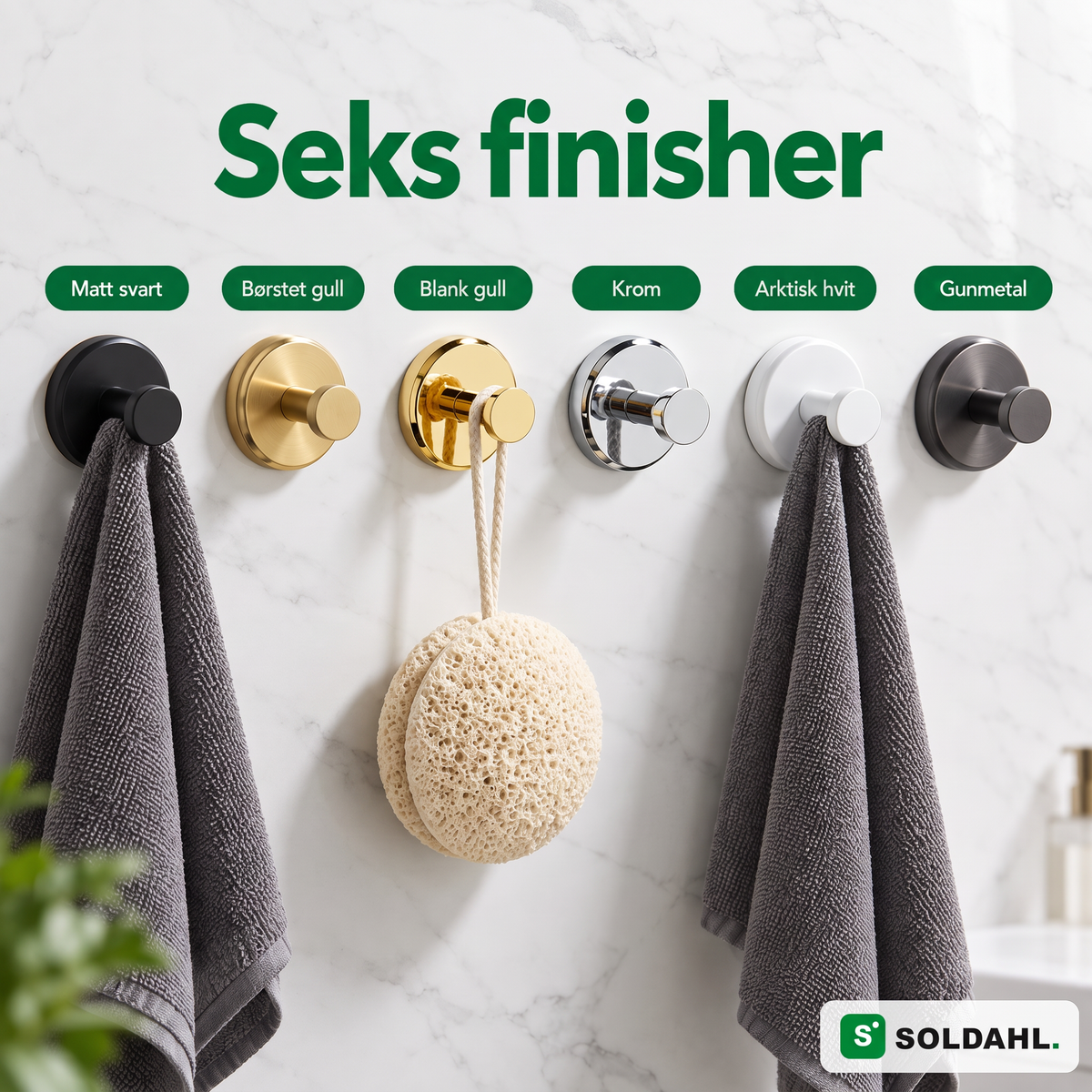 Kvarsitt i seks finisher: matt svart, børstet gull, blank gull, krom, arktisk hvit og gunmetal