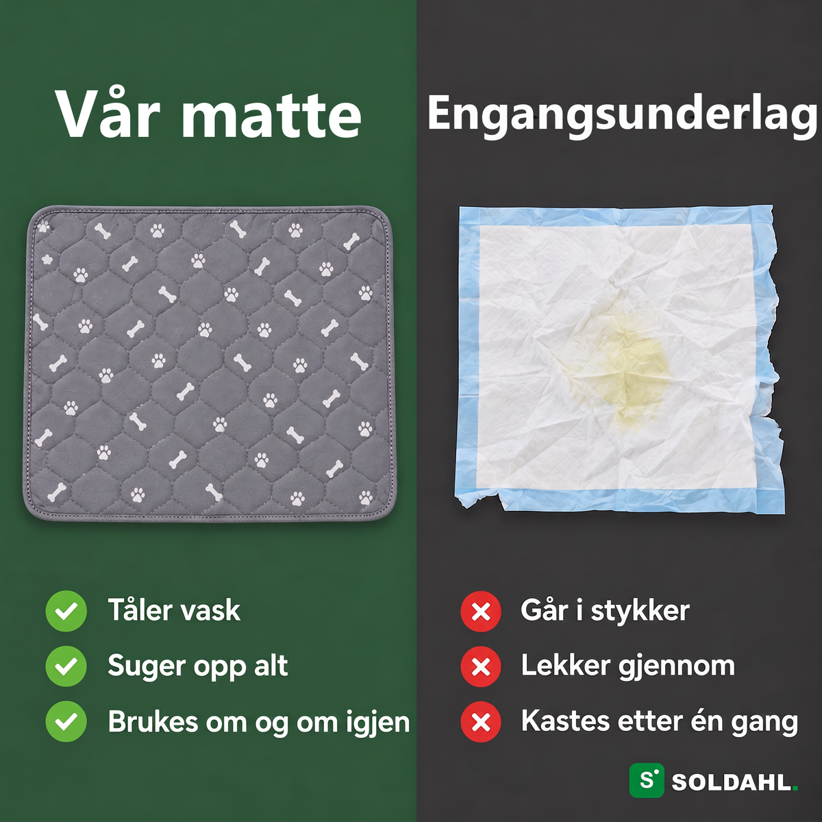 Sammenligning mellom vår vaskbare matte og engangsunderlag med tre fordeler og tre ulemper