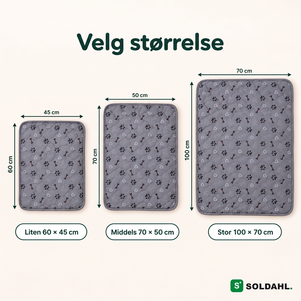 Størrelsesguide for valpematten: Liten 60 × 45 cm, Middels 70 × 50 cm og Stor 100 × 70 cm