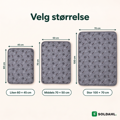 Størrelsesguide for valpematten: Liten 60 × 45 cm, Middels 70 × 50 cm og Stor 100 × 70 cm