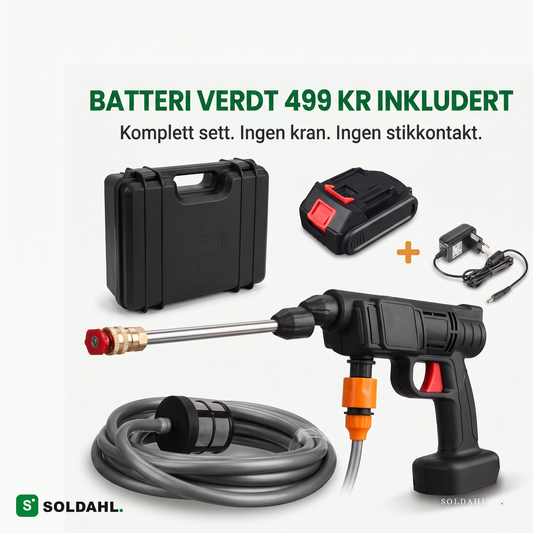 Soldahl trådløs høytrykksvasker, komplett sett med batteri, lader, veske og slange