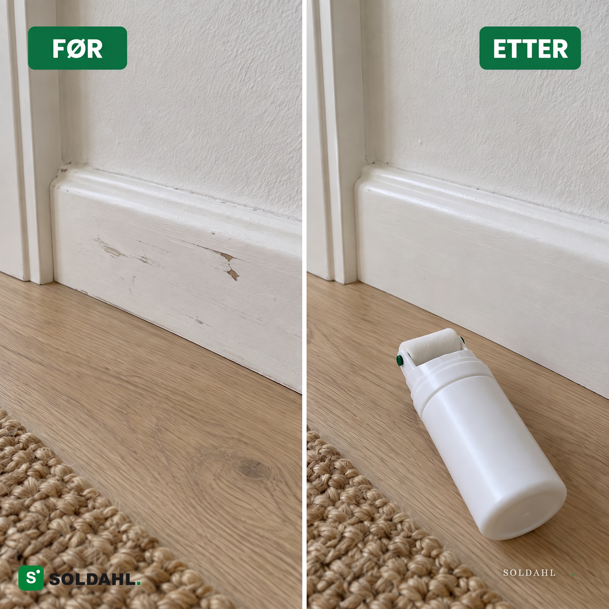Før og etter, gulvlist med merker og etter flikking