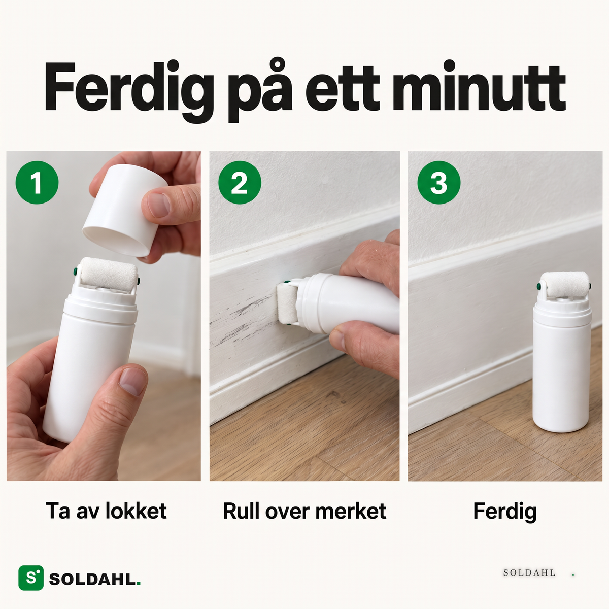 Ferdig på ett minutt, ta av lokket, rull over merket, ferdig