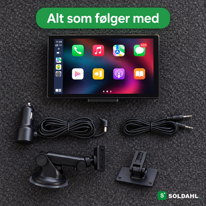 Alt som følger med Veiro: skjerm, sugekoppfeste, dashbordfeste, 12V-kabel og AUX-kabel