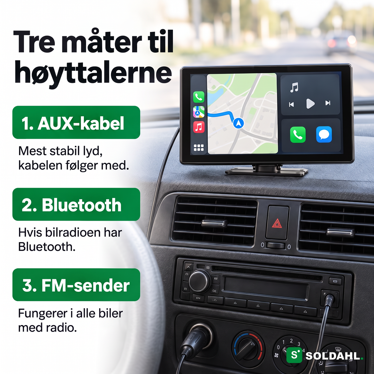 Tre måter å få lyd fra Veiro til bilens høyttalere: AUX-kabel, Bluetooth og FM-sender