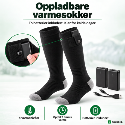 Oppladbare varmesokker med to batterier og ladekabel
