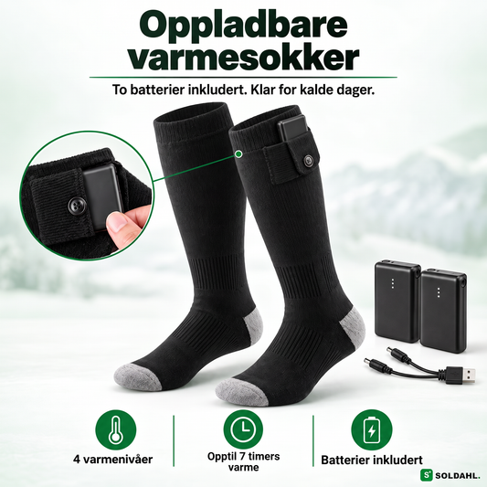 Oppladbare varmesokker med to batterier og ladekabel