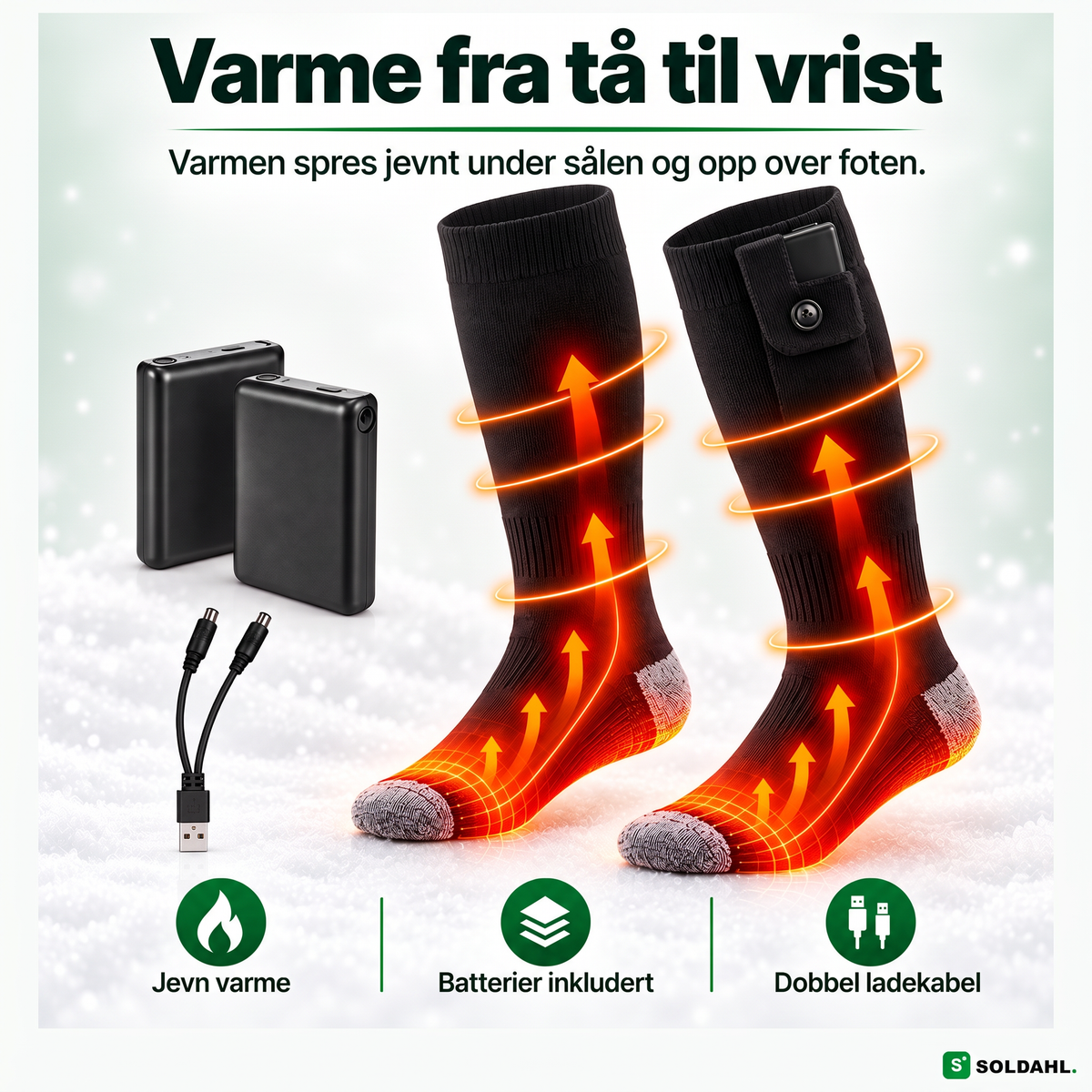 Varmesokker som varmer fra tå til vrist med to batterier