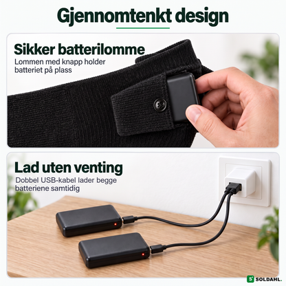 Sikker batterilomme og dobbel USB-ladekabel for begge batteriene