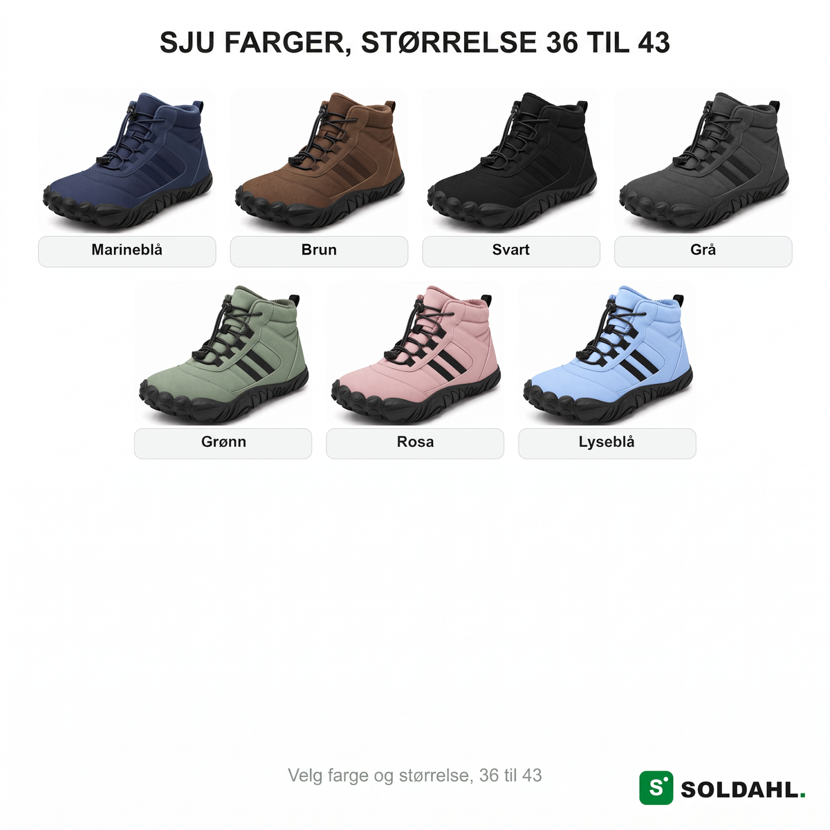 Sju farger, størrelse 36 til 43