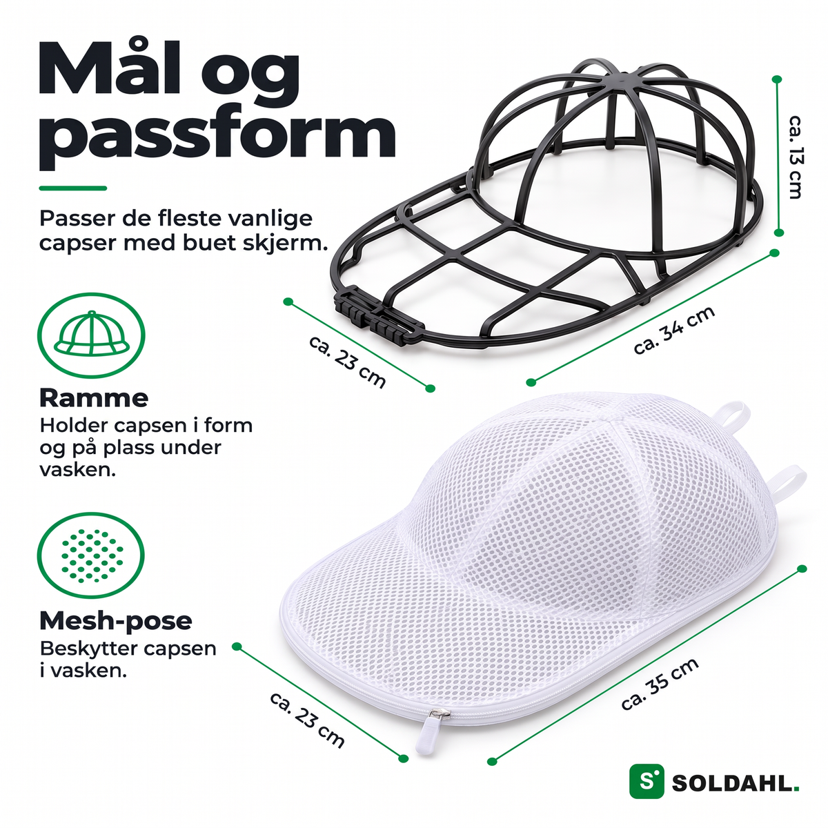 Mål og passform: ramme ca. 34 x 23 x 13 cm og meshpose ca. 35 x 23 cm