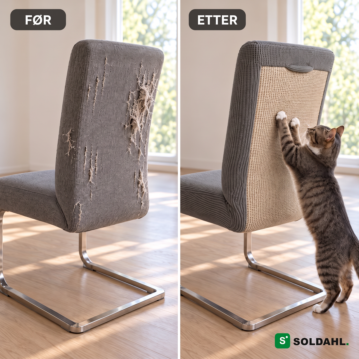 Før og etter, oppklort stolrygg mot samme stol med Kløra og en katt som klorer på sisalen