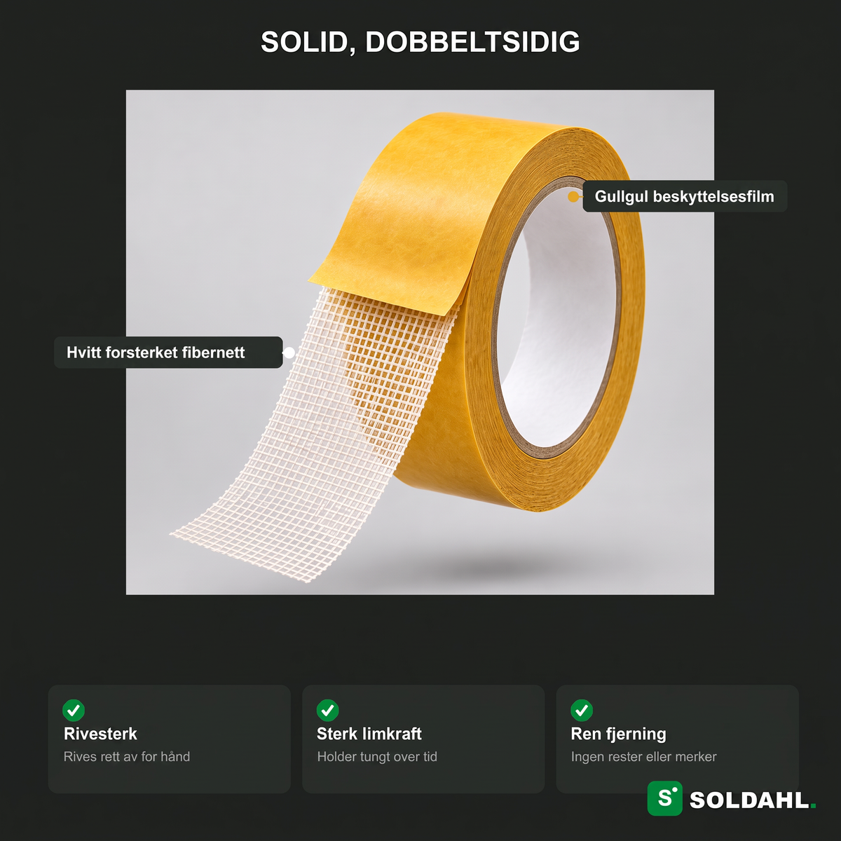 Solid dobbeltsidig tape med forsterket fibernett