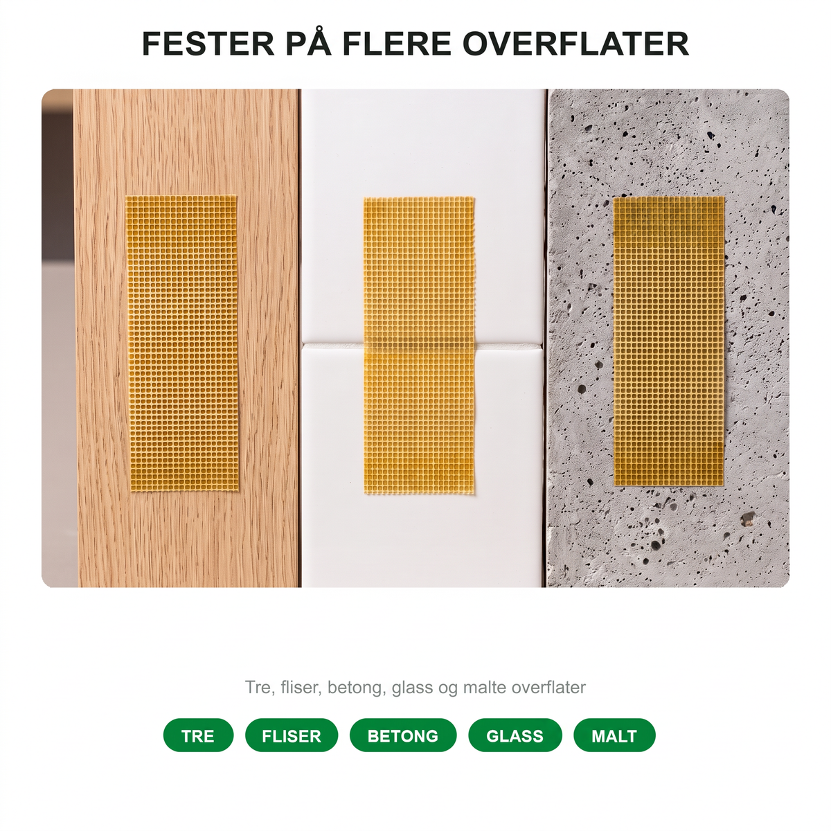 Fester på flere overflater, tre, fliser, betong