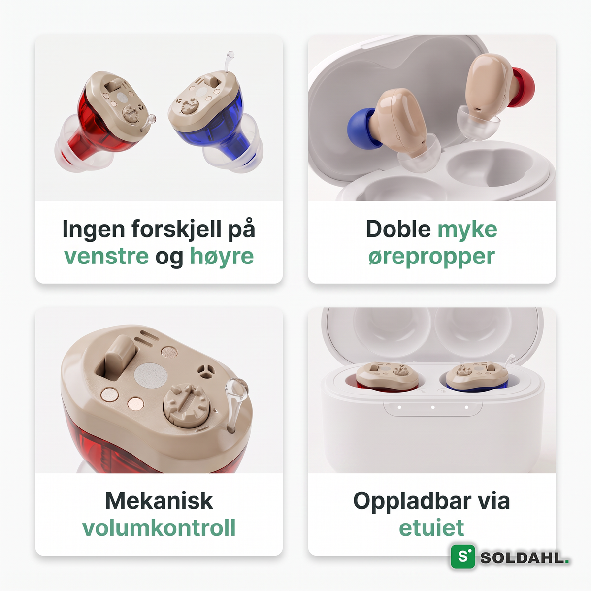 Funksjoner, ingen forskjell på venstre og høyre, doble ørepropper