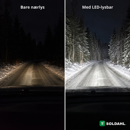 Sammenligning mellom bare nærlys og med LED-lysbar på en mørk skogsvei