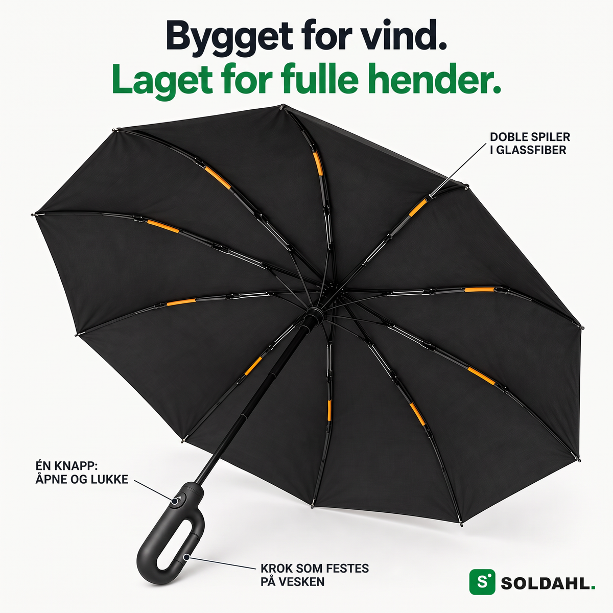 Oppslått Stormparaply sett nedenfra med doble glassfiberspiler, knapp og krok i håndtaket