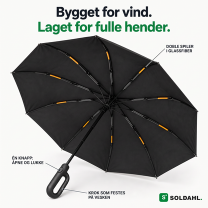 Oppslått Stormparaply sett nedenfra med doble glassfiberspiler, knapp og krok i håndtaket