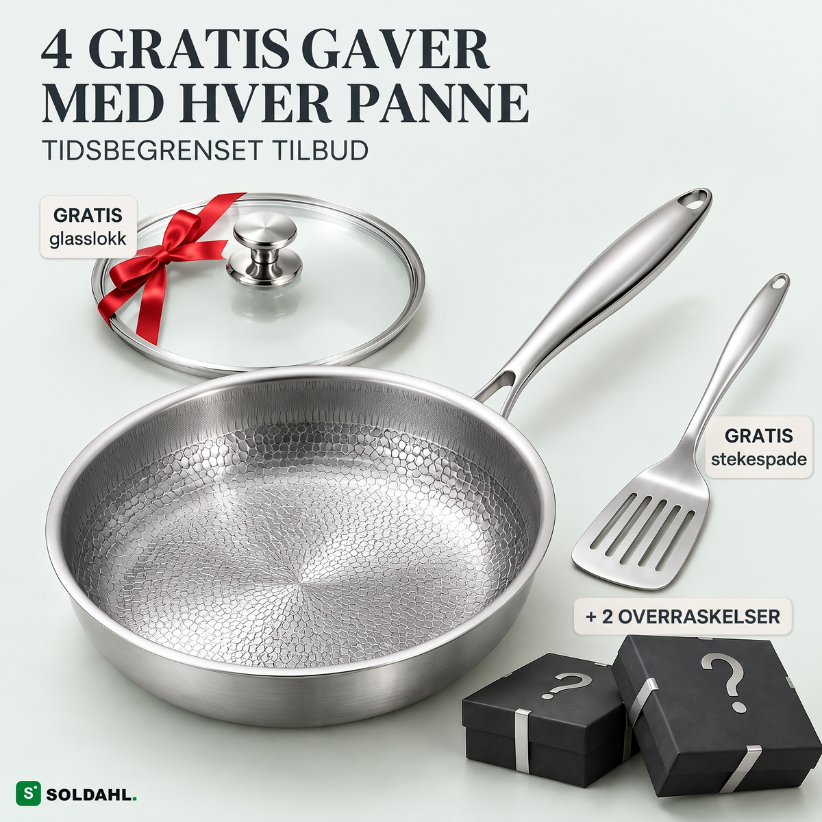 Soldahl Stekro stekepanne i titan med polert stålhåndtak, glasslokk med rødt bånd, stekespade og to gaveesker, gratis gaver med hver panne