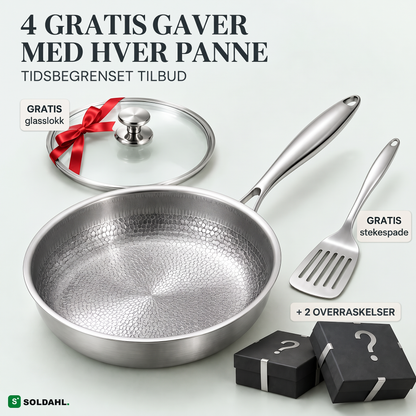 Soldahl Stekro stekepanne i titan med polert stålhåndtak, glasslokk med rødt bånd, stekespade og to gaveesker, gratis gaver med hver panne