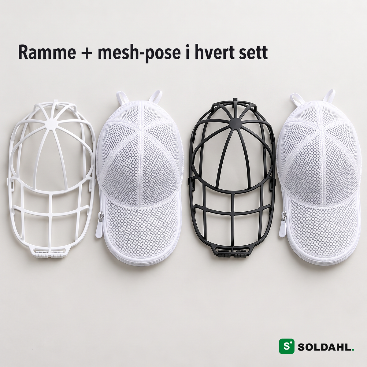Dette følger med: hvit og svart ramme med hver sin hvite meshpose, sett ovenfra