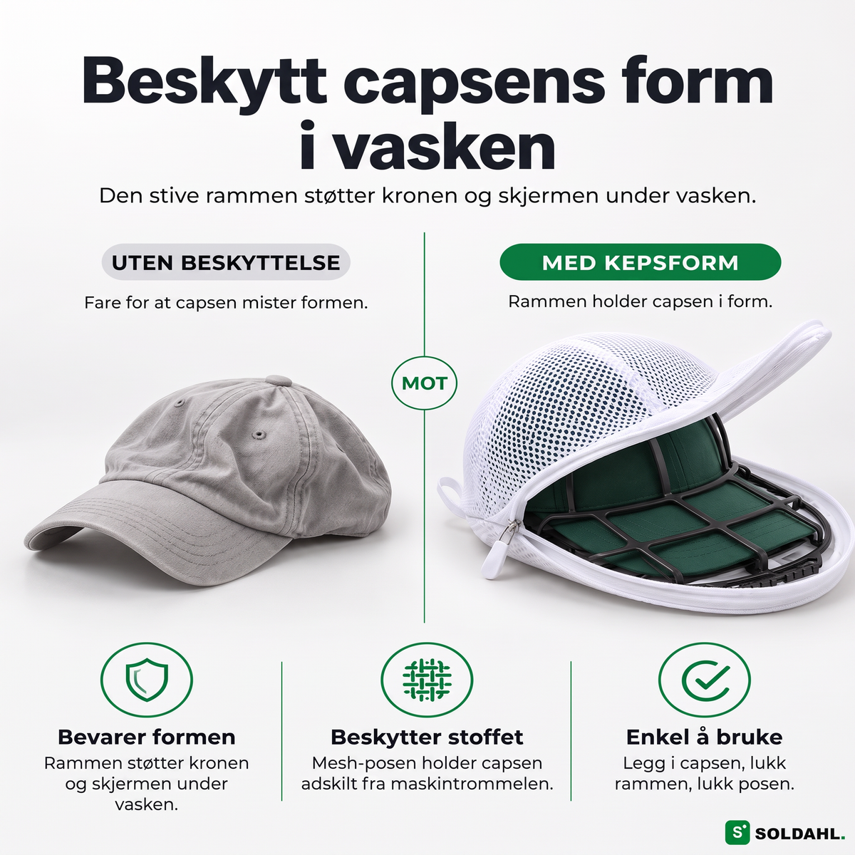 Kepsform sammenligning: caps uten beskyttelse mot caps i stiv ramme med meshpose