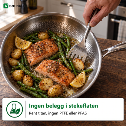 Laks med aspargesbønner og poteter stekes i Stekro uten belegg