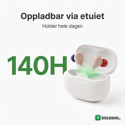 140 timers batteritid, oppladbar via etuiet