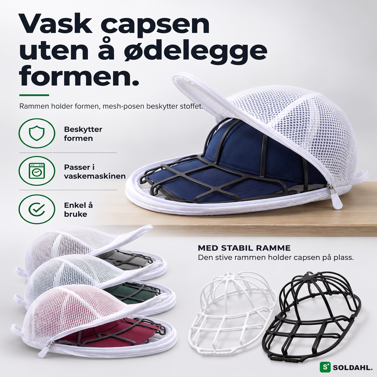 Kepsform vaskeramme med marineblå caps i meshpose, vask capsen uten å ødelegge formen