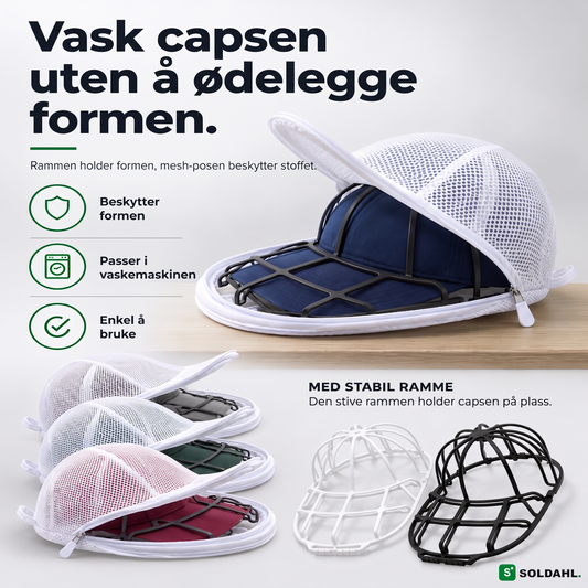 Kepsform vaskeramme med marineblå caps i meshpose, vask capsen uten å ødelegge formen