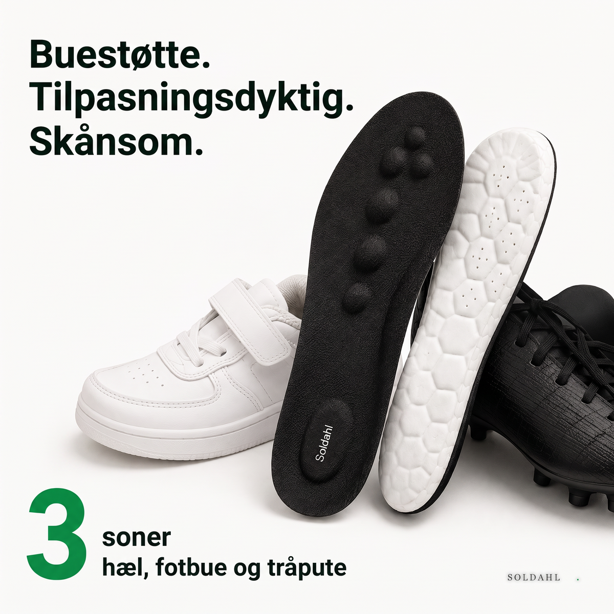 Buestøtte, tilpasningsdyktig og skånsom, tre soner hæl, bue og tråputer