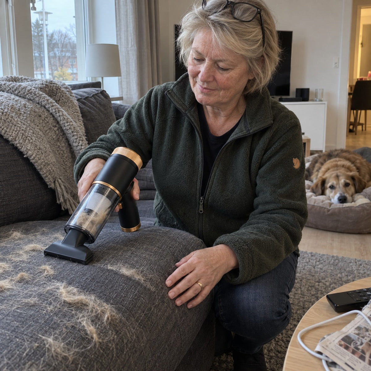 Kvinne fjerner hundehår fra sofaen med Sugro mens hunden hviler i bakgrunnen