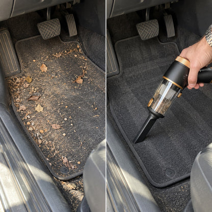 Før og etter: bilmatte full av løv og sand mot ren matte med Sugro