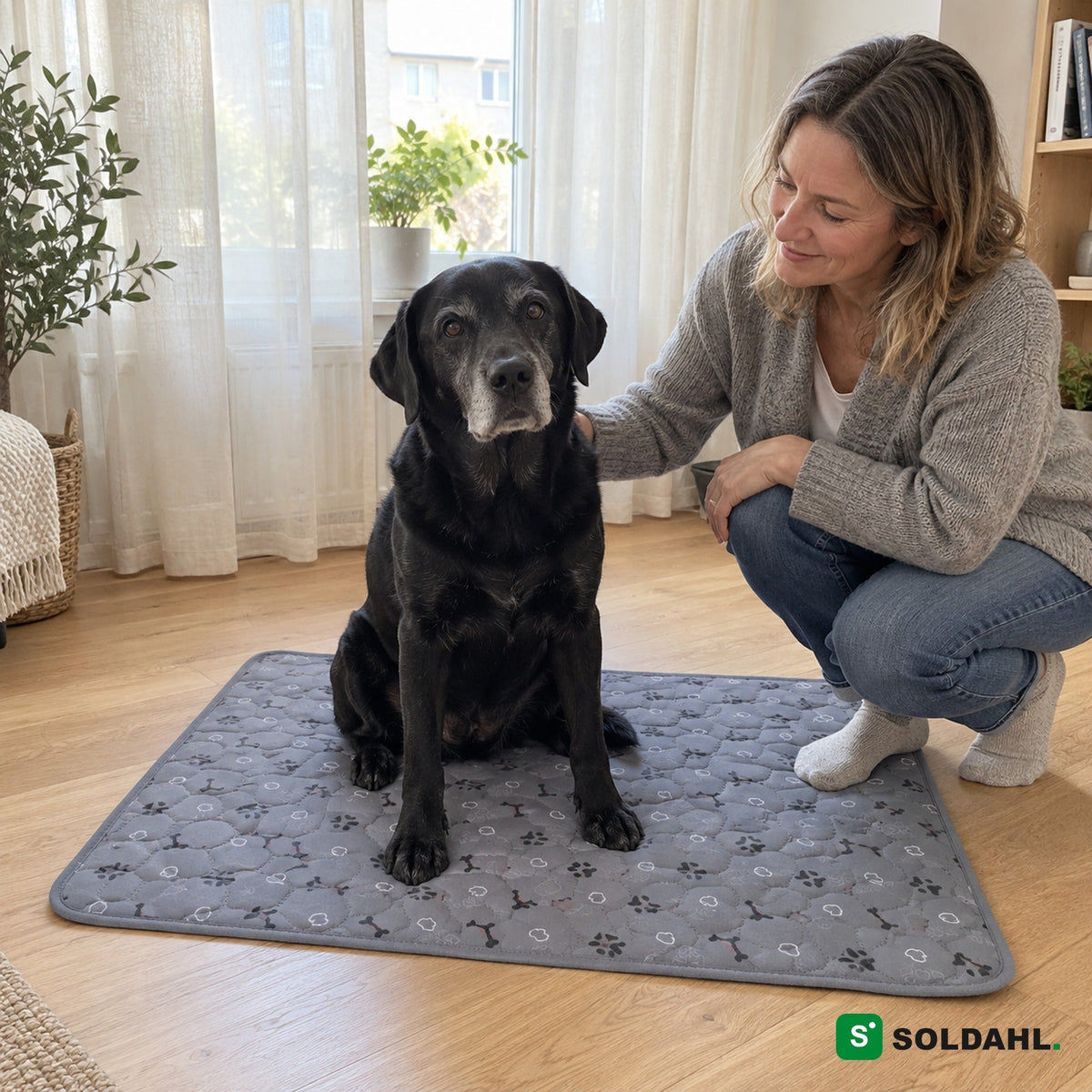 Eldre svart labrador sitter på grå valpematte sammen med eieren hjemme i stua