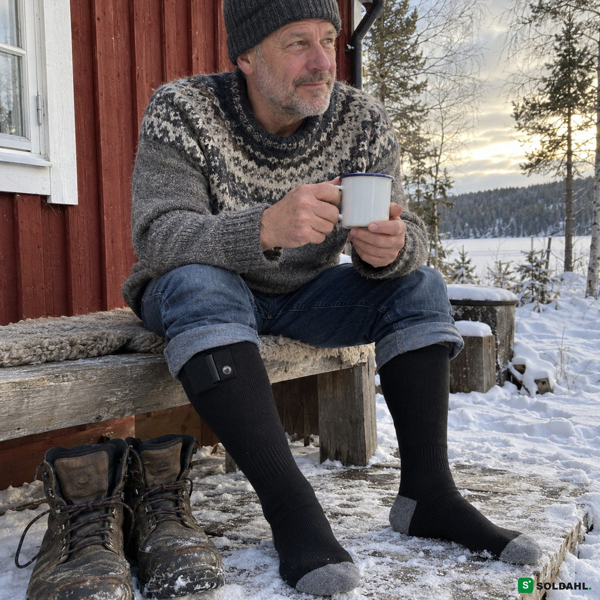 Mann utenfor en rød hytte i snøen med varmesokker og en kopp kaffe