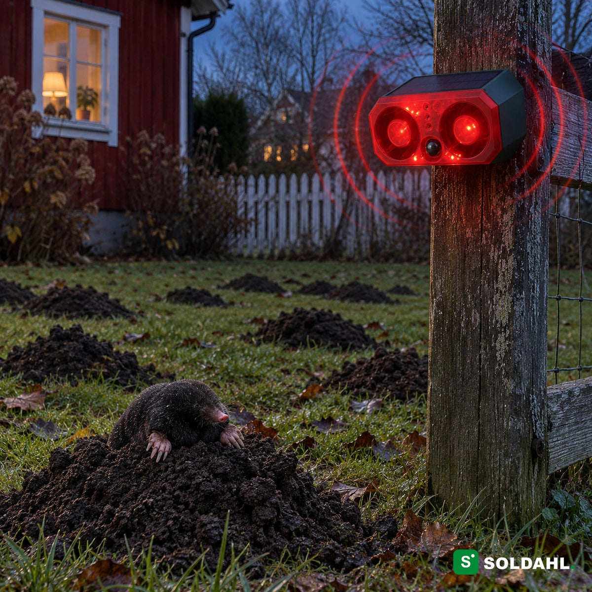 Viltskremmer på gjerdestolpe med rødt blink over en plen full av muldvarphauger og en muldvarp på en haug