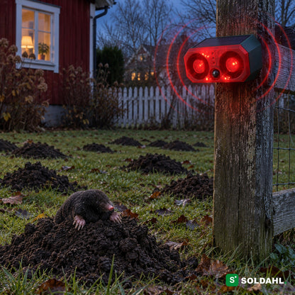 Viltskremmer på gjerdestolpe med rødt blink over en plen full av muldvarphauger og en muldvarp på en haug